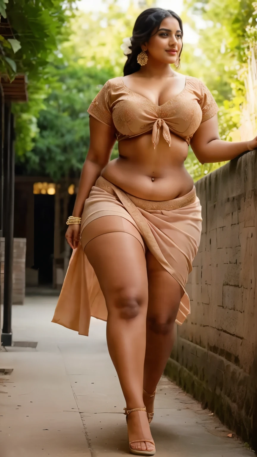 An extremely feminine woman walking nude saree with a huge body with huge breasts with a huge ass