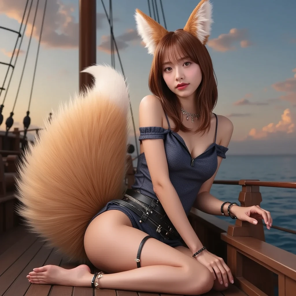 ((Highest quality)), ((masterpiece)), (Familiar), Perfect Face, fox lady, Pretty girl, Fox Ears, Fox tail, She has a northern fox tail, She wags her fluffy tail, Dog collar, Beautiful hip line, Big , Thick thighs, A large tail grows out of the buttocks, Nice body, Shyly, Only one tail, picnic