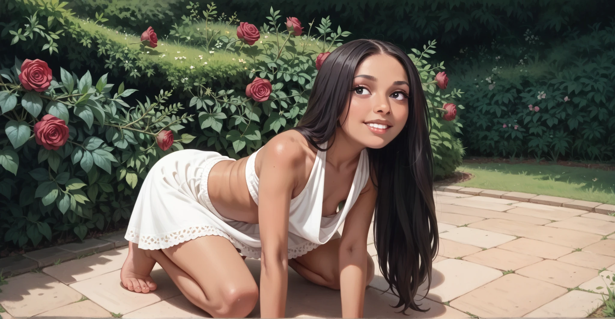 (masterpiece:1.4), (best quality:1.4), ((facing the viewer)), retro vintage 1950s pin-up style, extremely detailed, intricate, hyper-detailed, illustration, soft lighting, ((accurate hands and feet: 1.0)), ((no extra fingers: 1.2)), ((elegant feminine hands with long slender perfect manicured fingers and nails: 1.4)), ((swinging chick of the early 1960s: 1.3)), ((ager 18 year old anorexic skinny new actress Ali McGraw lookalike, 5’9” 34AAA-27-35, 115 pounds)), ((tall anorexic skinny teen novice actress girl: 1.4)), ((long anorexic perfectly shaped legs, long anorexic well-muscled arms)), ((waist-length dark brown perfectly straight hair, parted in the middle: 1.6)), ((very tall anorexic skinny actress girl: 1.2)), ((18-year old anorexic skinny actress Ali McGraw lookalike: 1.4)), ((displaying an erotic sexy ennui: 1.4)), ((skinny anorexic 18-year-old “1960s it-girl” chick: 1.0)), ((her mouth is open suggestively)), ((itsy-bitsy, teeny-wetiny little saggy pointy breasts: 1.4)), ((tiny nipples: 1.4)), ((a sexually aroused facial expression: 1.5)), ((perfect Ali McGraw face: 1.4)), ((dark brown eyes: 1.4), ((slightly bucked front top teeth: 1.0)), ((beautiful face symmetrical features)), ((signs of sexual arousal: 1.4)), ((flushed rosy red cheeks: 1.4)), ((she is playboy erotic posing while leaning on a park railing: 1.4)), ((in 1957 Central Park New York: 1.2)), ((Bow Bridge area of late 1950s New York’s Central Park: 1.6)), ((“The Lake” area of late 1950s Central Park, with the Dakota Building visible in the background: 1.6)), bent over, rear view, ass in camera, spreading her ass cheeks, looking back at the camera