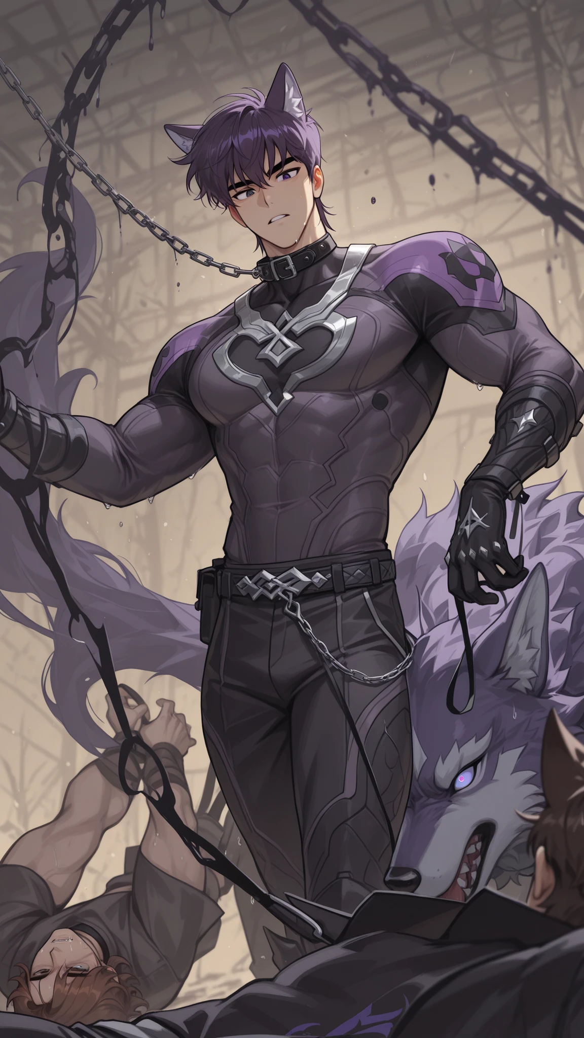 Full hd , purple hair , 8k , clear face , handsome , manhwa, 2 eyes are clearly not blurred, virile , color tone , eyes are not distorted , short mullet hair , short hair, six zones , open belly , short hair , nam , purple wolf , thorny , leash , darkness , mullet hair ngắn , handsome , virile , mullet hair