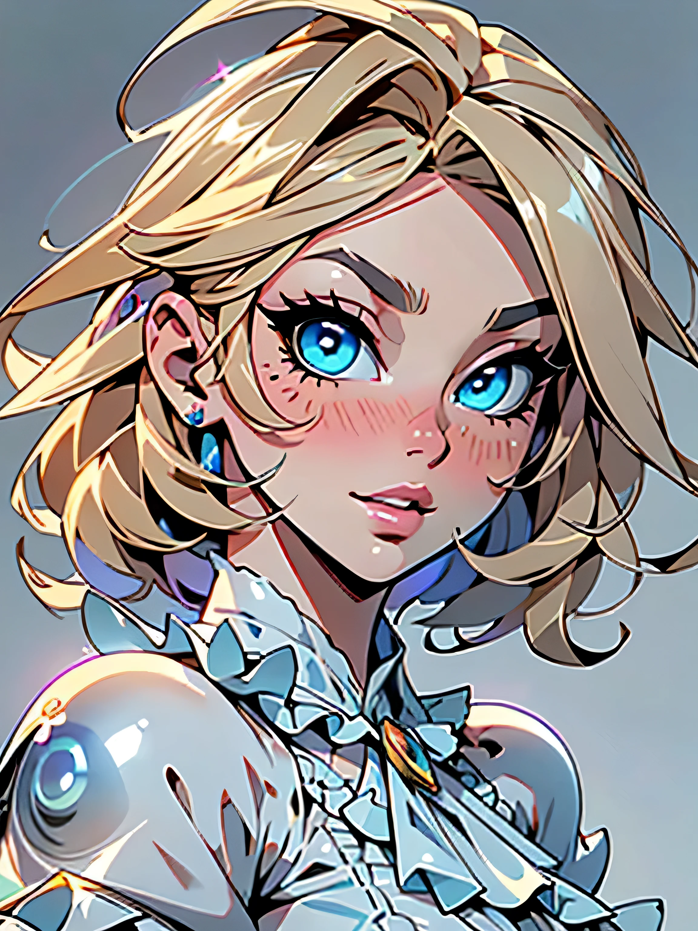SFW, Highest image quality, outstanding details, ultra-high resolution, sharp focus, (photorealistic artwork:1.37), (extremely detailed CG unity 8k wallpaper), (masterpiece), (best quality), (realism: 1.4), very pretty 23-year-old girl, perfect face, soft face, very cute, BREAK, ((( light blonde hair:1.35, medium hair:1.4, colored inner hair))), parted in center, (((Fantasy Eyes, two-tone eyes, blue eyes, light blue eyes))), intricate eyes, beautiful detailed eyes)), double eyelids, eyelashes, open mouth smile, pink lips, (((lustrous skin:1.5, bright skin: 1.5, skin light tanned, shiny skin, very shiny skin))), (athletic body, detailed body, (detailed face)), cute, seductive, coy, BREAK, ((light blue blouse, frilly blouse, short sleeves)), ((white denim shorts)), (dynamic pose:1.2, (centered, Scale to fit dimensions, Rule of thirds)