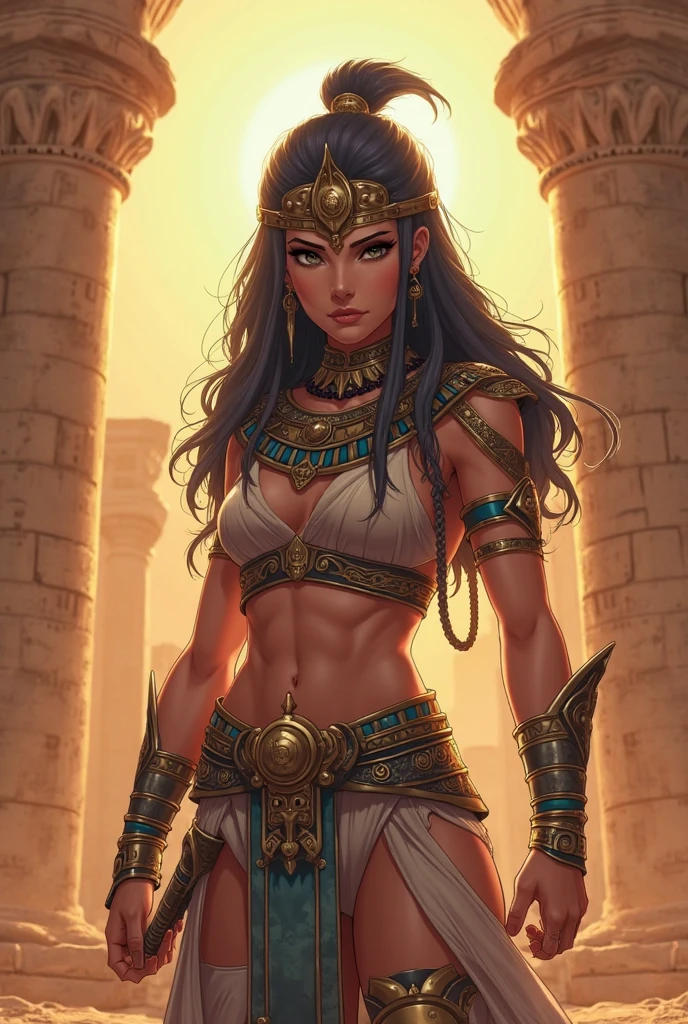 (((mulher))), (((melhor qualidade))), (((obra prima))), (((adulta))), ((( Back view ))), Uma guerreira mulher de 35 anos com corpo perfeito, Egyptian Gladiator, (( under boobs )), quase nua no estilo selvagem urbano de Simon Bisley para a capa da revista Heavy Metal, cabelo preto liso, Minimum clothing, golden ornaments, many jewelry, armadura, cheio de pontas e rebites, tatuagem tribal, (((do joelho pra cima))), cabelo liso escorrido