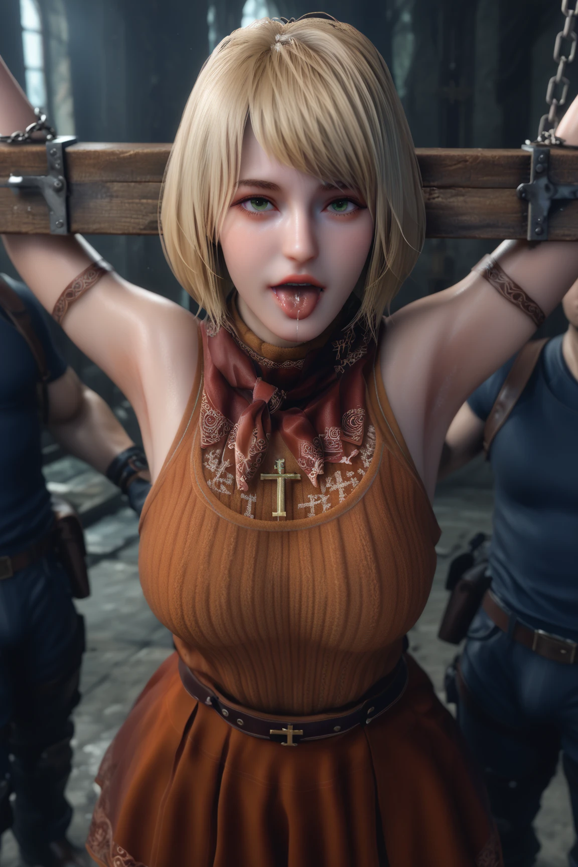 (masterpiece),  (1girl), (1boy), (blurry background), (ring collar:1.4), (nude:1.4), (nipples), (topless:1.2), (pubic hair:1.2), (fanny_packing:1.4), (gangbang), (huge penis), suspension, (bsdm), spread legs, gigantic breasts, vaginal, outdoors, (clenched teeth), grin, arms up, armpits, huge testicles, rope, chain, collar, (large insertion), (sex), muscular male, (reverse upright straddle), (arms above and behind head), (onarmor:1.4), (meat shield:1.4)