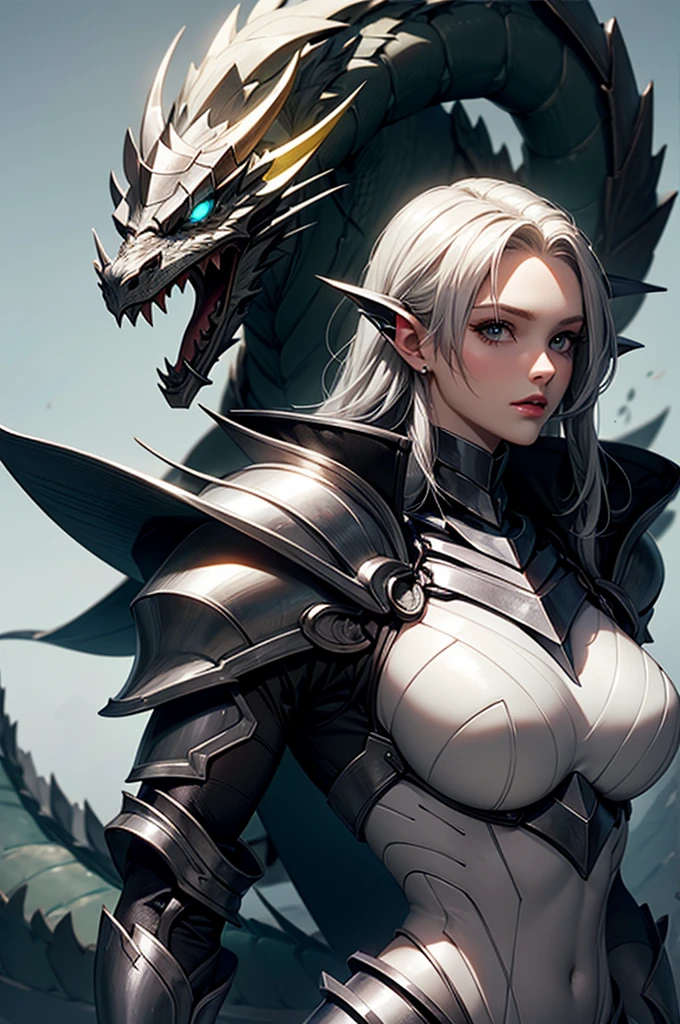 Tall beautiful girl with white hair and gray eyes, dressed in black scaly armor, Standing next to a silver dragon