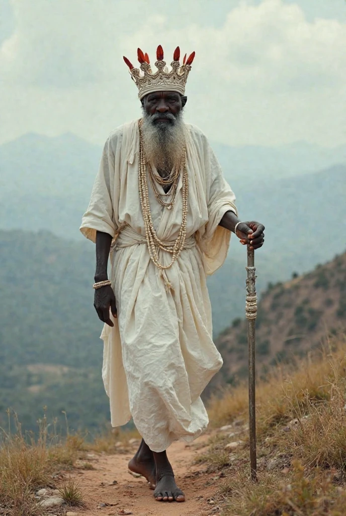 An old wise man, bare chested, tying a white asooke fabric across his left shoulder but it covers his bare chest, holding a long and tall walking stick, wearing a black Ngas traditional cap, he wears a sandals.