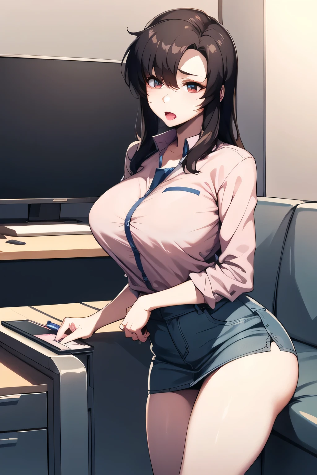 Please draw a more delicate expression,micro mini skirt,(Please paint my expression more delicately),(pink shirt),(navy blue jeans mini skirt)(blue panties),The work is 、The horror-themed style 、 I'm drawing a horror-themed style 、 I'm drawing a horror-themed style を描いています の 、 I'm drawing a horror-themed style を描いています 、this alone is amazing, but、I'm surprised too, don't prepare your face for work {X},pink shirt, is carrying a cross handle pouch , lying on the couch , I'm a woman close to 40 years old、I'm drawing , , Big Breasts, Slim waist from the video department , , ,An attractive woman close to 40 years old,