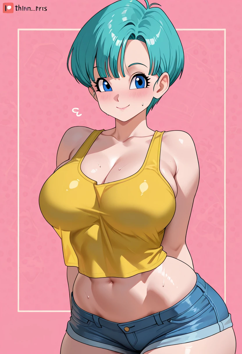 High resolution, Dragon Ball, Bulma, 1girl, ((bimbo))), short blue hair, blue eyes, puffy lips, thick lips, wide hips, thick thighs, enormous fake breast, huge ass, sexy flirty face, shiny skin, sexy legs, breasts squeezed together, yellow micro bikini, jungle, looking down, camel toe, perky nipples, full body, soft breasts, sweat, tight bikini,
