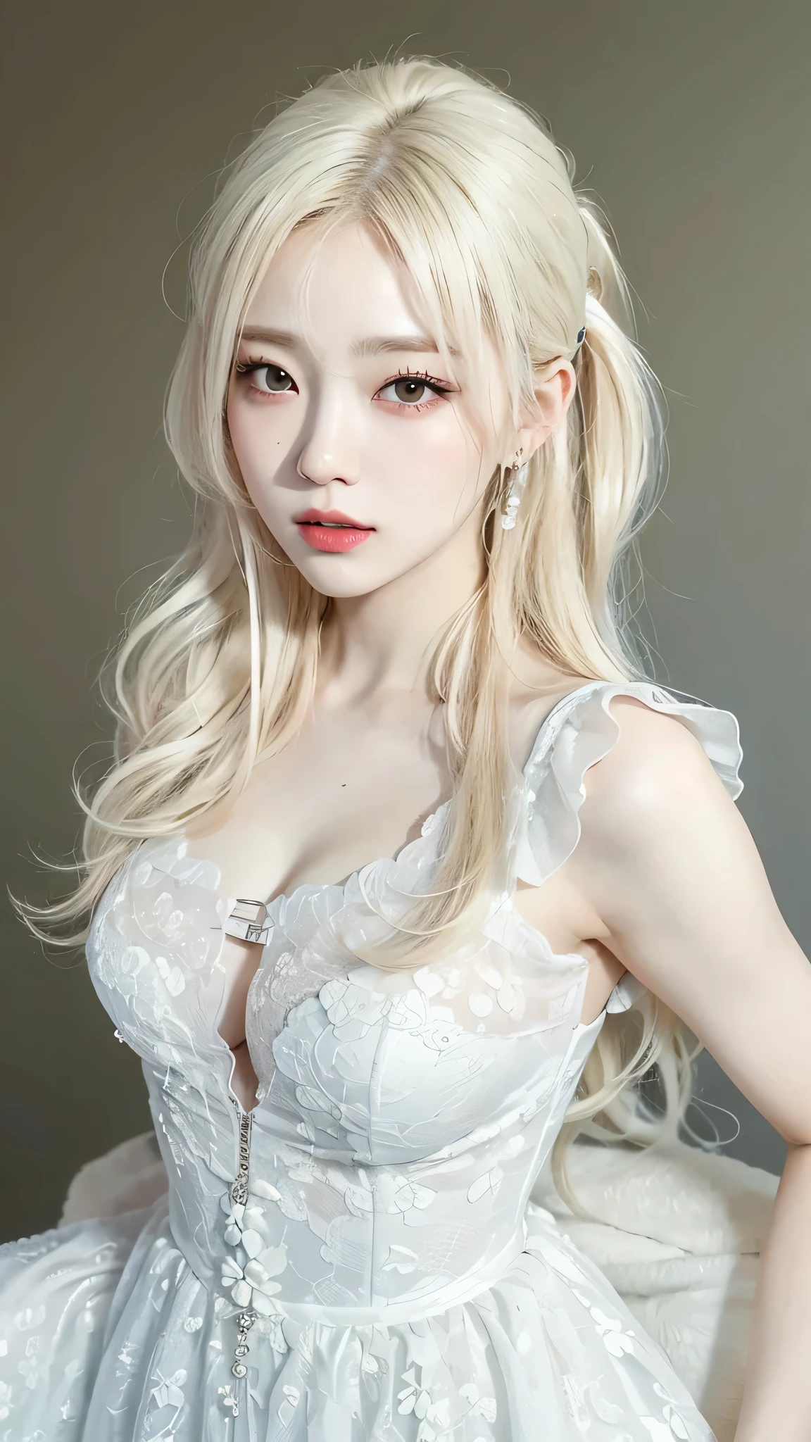 Beautiful woman with perfect figure：1.4、Layered Hairstyles、Protruding cleavage、Two-dimensional clothing：1.5、Highly detailed face and skin texture、double eyelid、Whitening the skin、Long white hair、Repelling water、collar