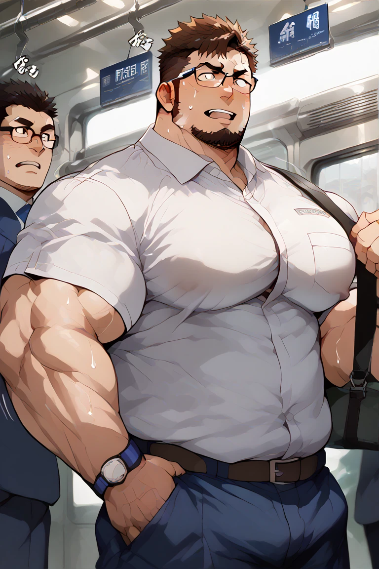 young face, thin face, Sharp Facial, Black hair, 1Boy, Black eyes, beardless, black shirts, white pants, Best Quality, fat, Tight breasts, huge thighs, mature male, Muscular men, thick arms, thick legs, huge body, Huge fat, photograph realistic, Masterpiece, male, Short hair, strong, Tough Guy, Smile, Stay tuned, Masterpiece, Best Quality, 8K, OriginalPhoto, realisitic, high resolucion, The ultra-detailliert, film lighting, film grain, chromatic aberration, In the subway, tits huge, looking to the side, big bulge, Bulge pants, Huge protrusions, Huge fat, necktie, shirt, black tight shirts, knee shot