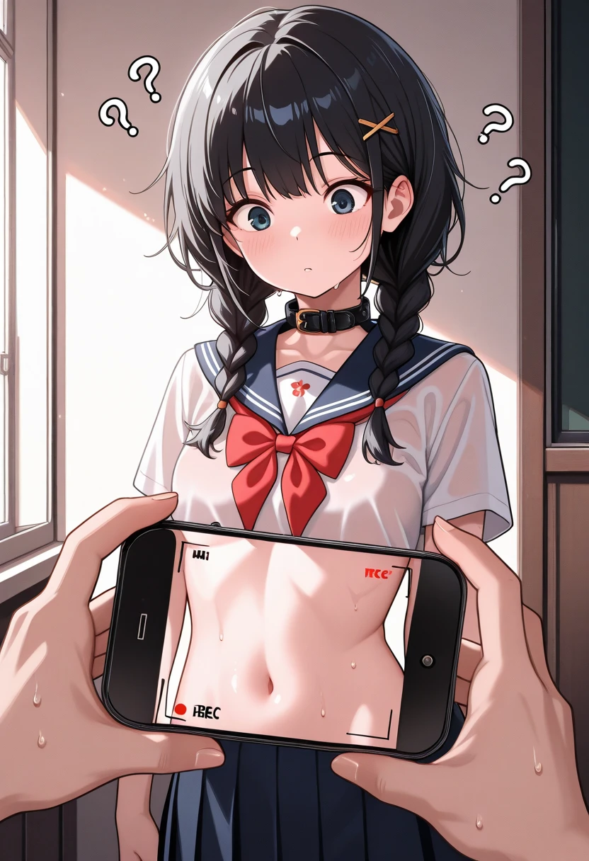BREAK Perfect Anatomy、Highest quality、(High resolution:1.2)、Unbelievably absurd:1.3、Incredible illustrations、(Cute illustrations:1.2)、nsfw,(Beautiful background、Bedroom)、 1girl((Long dark brown hair、long pigtails)、blindfold、hair band、,White Silk Sexy Lingerie、school uniform ,garter belt、Red School Bag、a girl, dwarf, height 1.3meters, 30kg,,small breasts,(shackles,restrained))((((vulgarity))),fucked silly,drooling,double peace),( Sex preparation:1.2、upright straddle ),(netorare(restrained,shackles,chain))、(breathless,trembling),pussy juice:1.2,vaginal penis,(1fat boy),penis ,(on the screen of smartphone camera app frame,cinematic angle,non-rotating)
