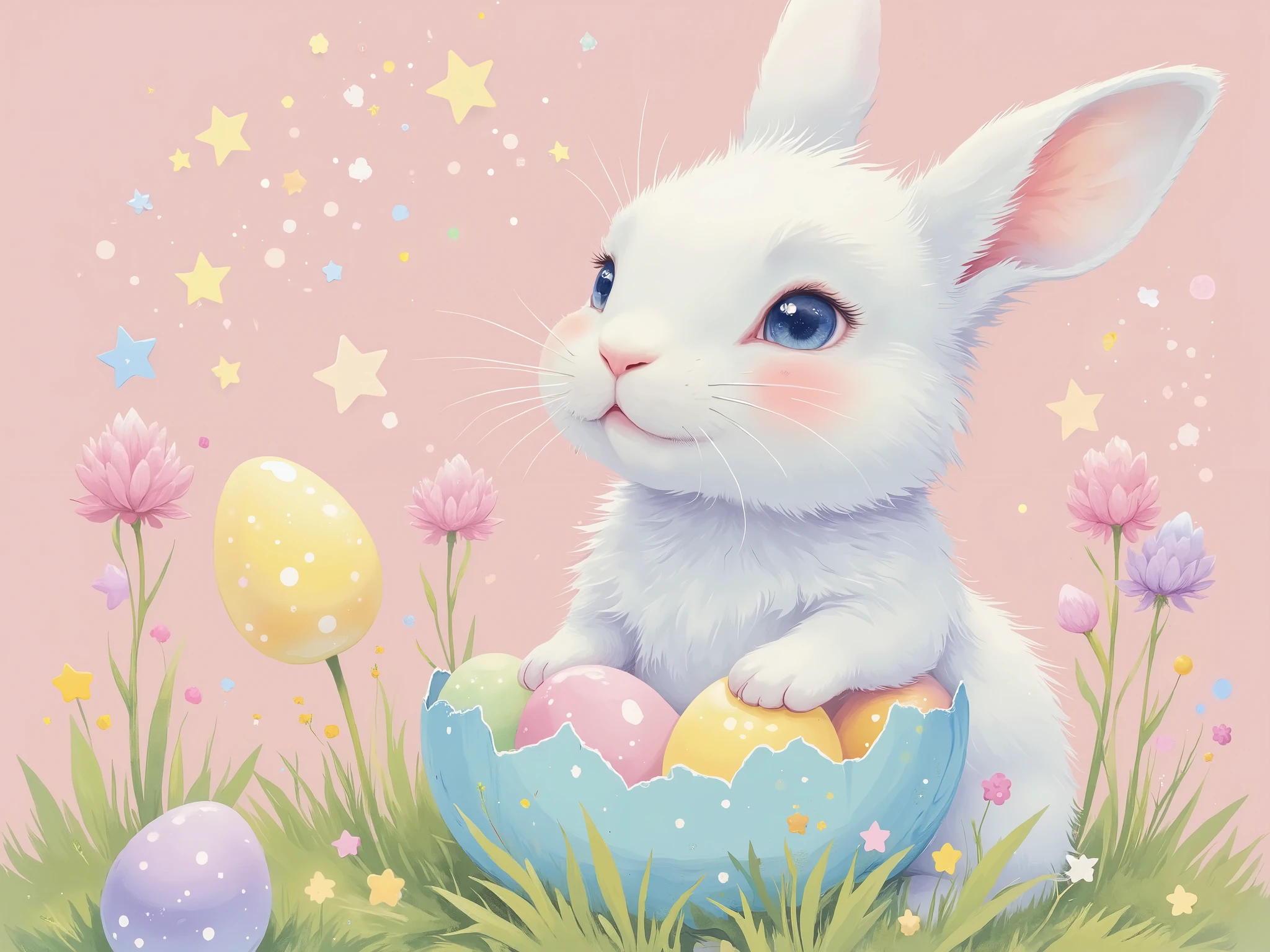 Easter, rabbit peeking out of an egg shell in a fairy tale picture book, soft, colorful pastel tones, slightly sepia, highly detailed, sharp focus and contrast, extremely clear image, effects magic, shading effects magic, lighting effects magic