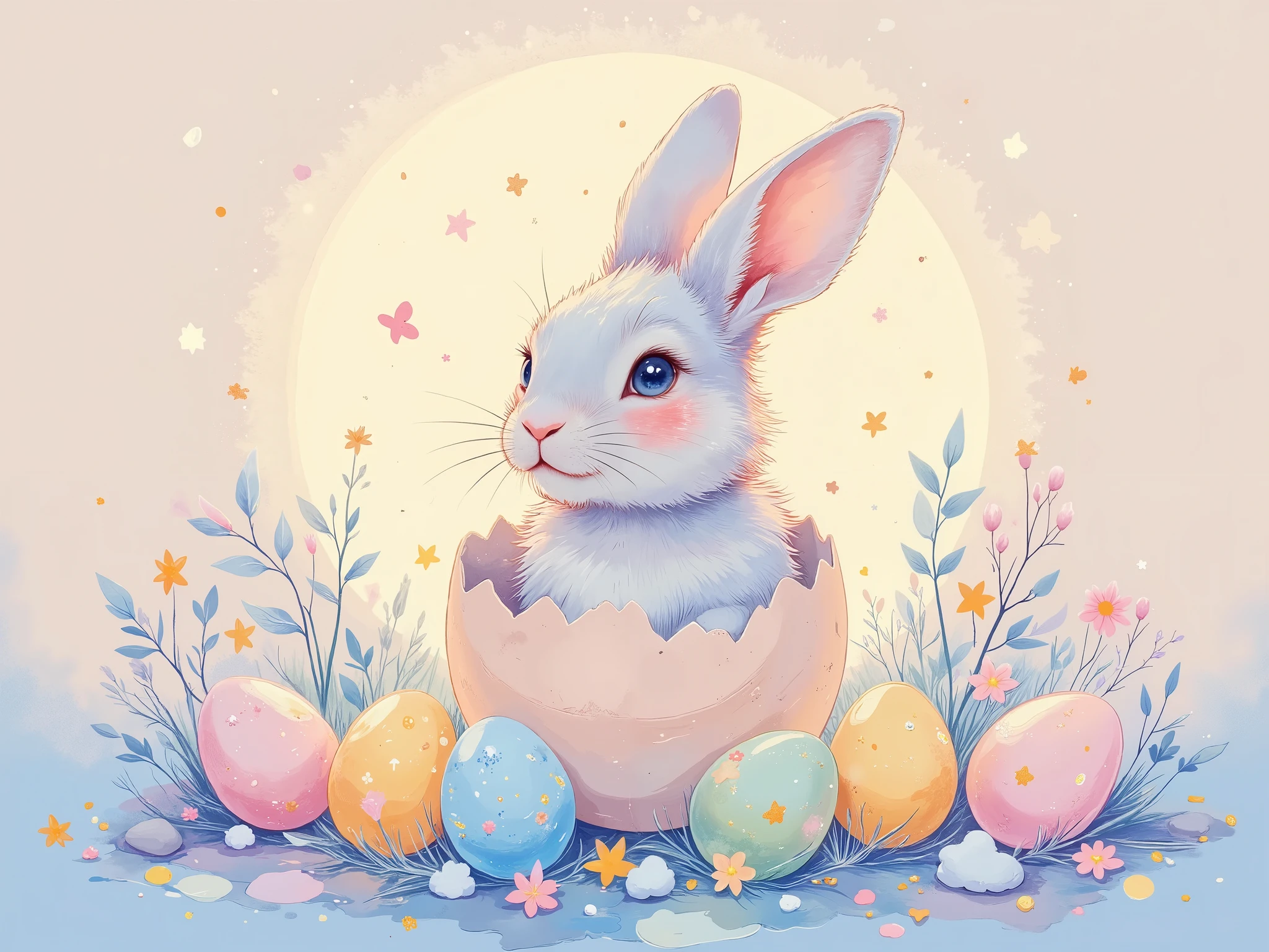 Easter, rabbit peeking out of an egg shell in a fairy tale picture book, soft, colorful pastel tones, slightly sepia, highly detailed, sharp focus and contrast, extremely clear image, effects magic, shading effects magic, lighting effects magic