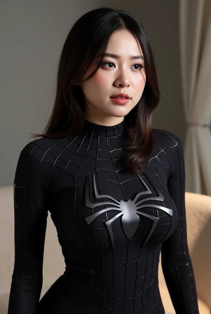 tmasterpiece,1 Chinese girl，realisticlying，8K  UHD，high high quality，in the background bokeh, white and black spider-man suit，Spidey，Clothes wrap around the whole body，Tight clothing，Abs contour，Short black hair，s the perfect face，shining face，Ultra-clear face，Elaborate Eyes，idoly