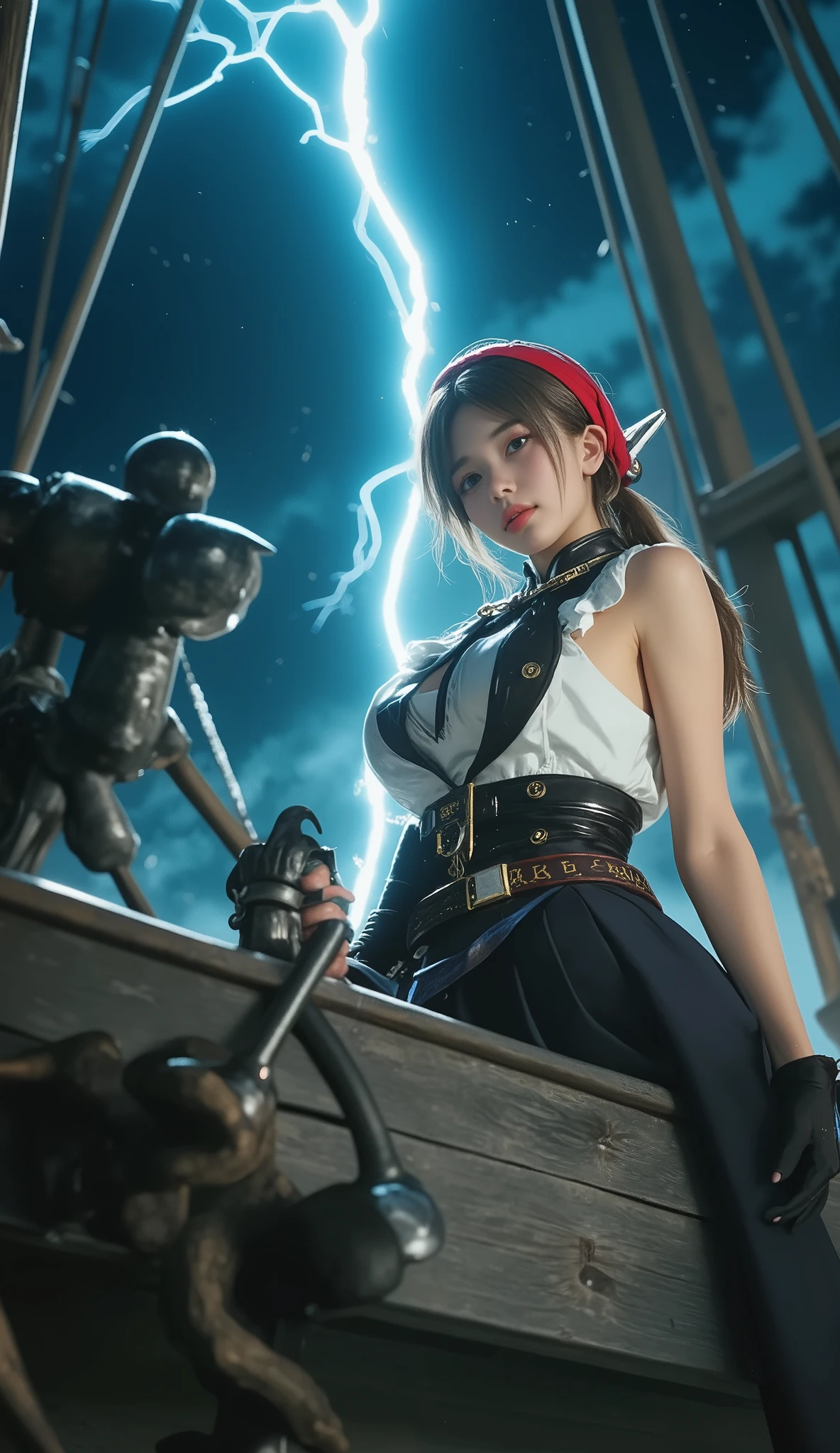 (Highest quality, High resolution, Masterpiece:1.4), 8k, adventure voyage, pirates of the Caribbean, female captain, fleet of pirates sailing through a storm