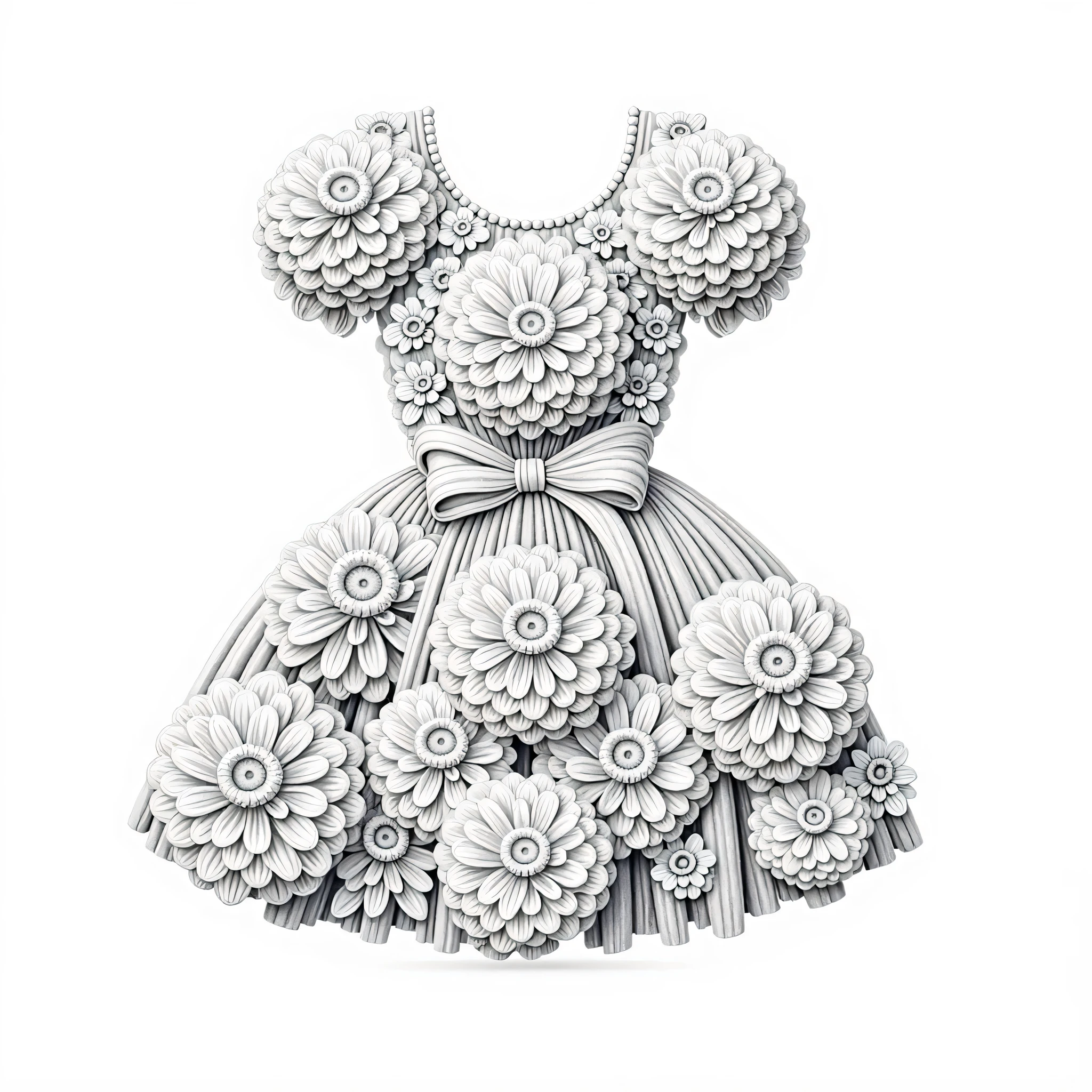A black and white pencil drawing,depicts a lovely dress made entirely of dahlias,has no background,Simple style 。Simple design cute and peculiar,Great for coloring books。