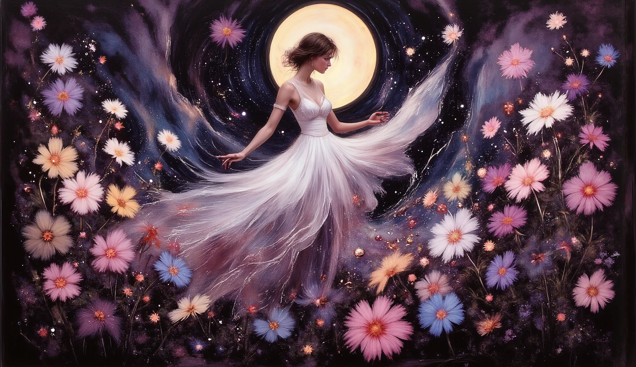 Create a surreal scene of a woman in a flowing white dress standing amidst a field of vibrant giant dandeliuns under a twilight sky. The dandeliuns should appear to be growing out of the dress, with their petals swirling around her. The background should feature a blend of deep blacks and purples, creating a dreamlike atmosphere. The style should be reminiscent of intricate oil paintings, with a touch of modern digital art, inspired by the works of Gustav Klimt and Alphonse Mucha.