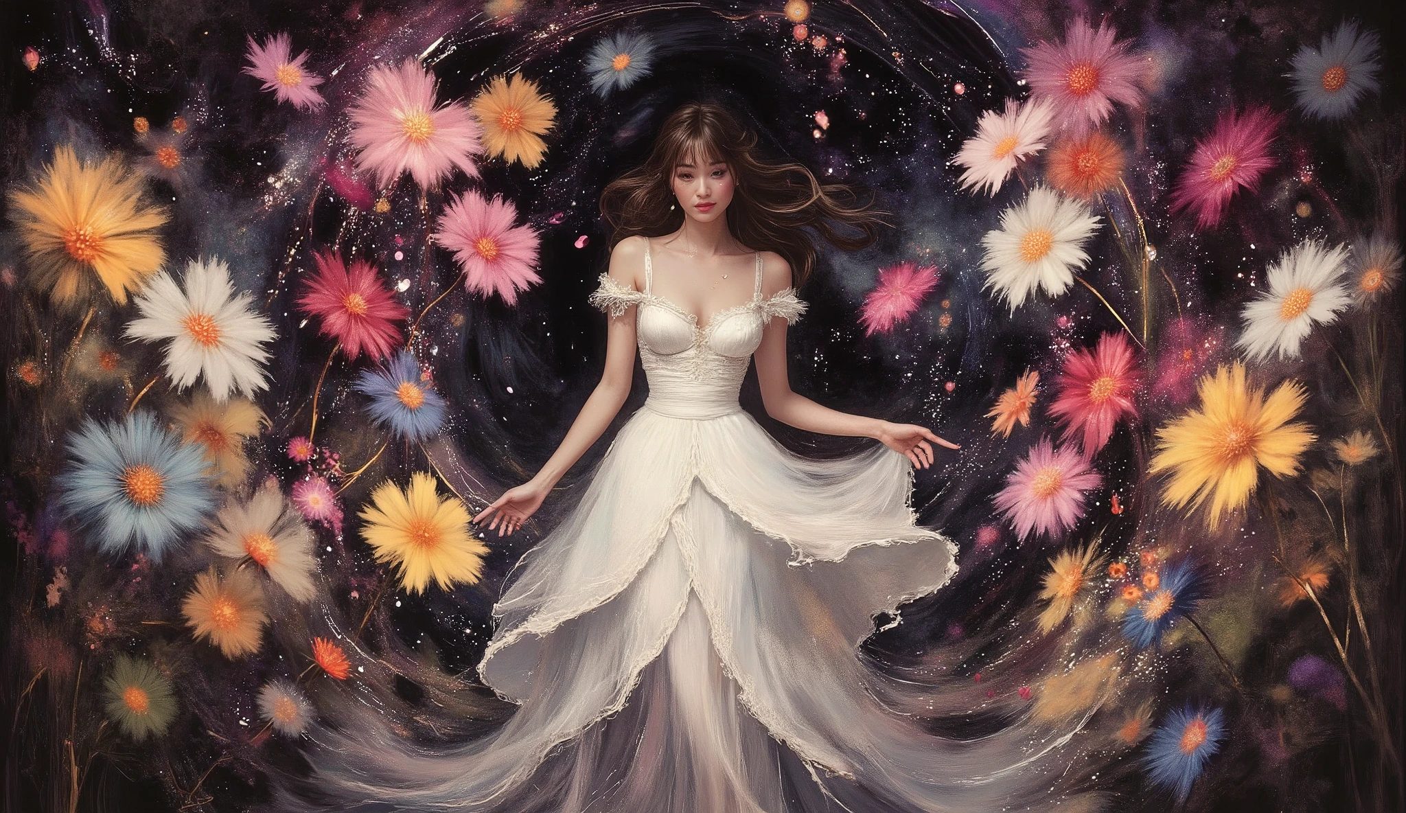 Create a surreal scene of a woman in a flowing white dress standing amidst a field of vibrant giant dandeliuns under a twilight sky. The dandeliuns should appear to be growing out of the dress, with their petals swirling around her. The background should feature a blend of deep blacks and purples, creating a dreamlike atmosphere. The style should be reminiscent of intricate oil paintings, with a touch of modern digital art, inspired by the works of Gustav Klimt and Alphonse Mucha.