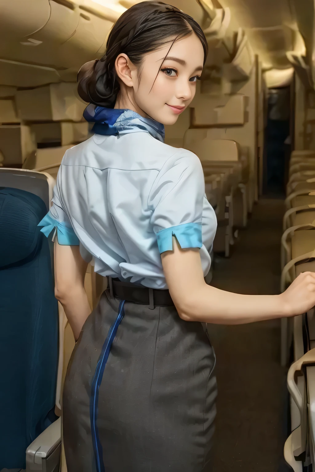 (masterpiece:1.2, best quality:1.2), 32kHDR, HD 。 perfect for loosely aligning your legs , (alone、 1 girl)、( daytime building rooftop 、 professional writing )、 against the roof of a building 、(ANA Flight Attendant Uniform Blue Wear 、real style )、(( ANA flight attendant uniform 、 ANA cabin crew uniform blue skirt 、 Has a Blue Line on the Back 、 wrap a scarf around your neck ))、 lots of dark brown hair 、( long hair、 hair tied、 hair tied, braid summary hair )、 lots of dark brown hair 、 long hit 、Big Breasts、thin legs、(( amazing hand :2.0)),(( 。 figure in harmony with the roof of the building 。 :1.5)),((generally limb:2.0)),((generally :2.0)),(( watch:2.0)),((generally goal :2.0)))、 smile 、( beautiful back visible ANA cabin crew uniform blue )、 cross hands under the body