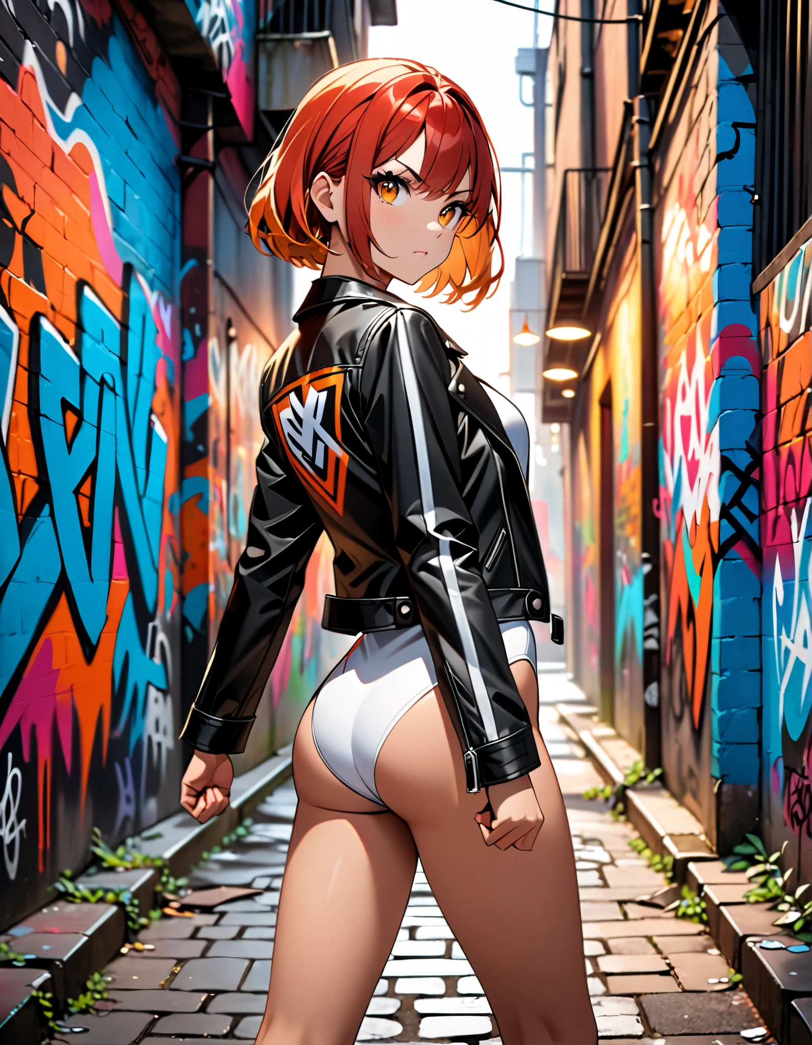 young girl, long red hair, punk haircut, turquoise eyes, Scars, punk make-up, leather jacket, Burns, ripped clothes, madness, smirk, Masterpiece, highly quality, show ass, tiny ass, thin leg