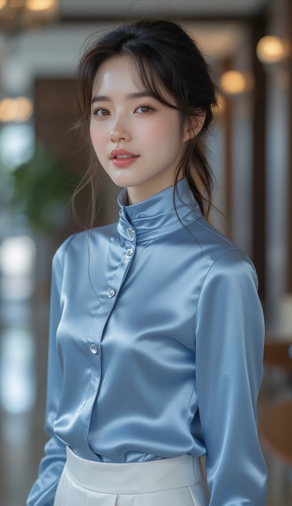 (8K, Raw photo, Best Quality, masterpiece:1.2), (Realistic, photorealistic:1.37),1girl in,16 years old, (Collared silk blouse:1.8), skirt, Beautiful,lovely,Cute, Neat and clean beauty,Luminescent,with a loving look on your face, close up of face, telephoto lens, the background is blurred, (endure sorrow), Medium chest, In the art museum, rim light, Professional Lighting, Photon mapping, Physically-based rendering, short hair, bangs, Girly, superior image quality, High resolution, 8K, (Clear face), (Detailed face description), (Detailed hand description), (masterpiece), (Exquisite CG), masterpiece, rich detail, (Exquisite facial features), (Highest image quality), (masterpiece), (Detailed eyes), look forward to your eyes,