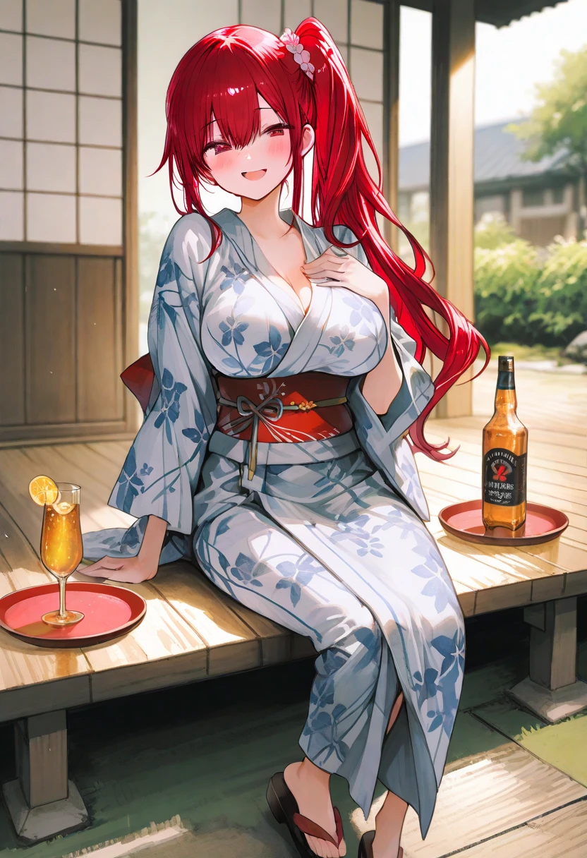 1girl, astrid, armo, side braid, breasts, red hair, cleavage cutout, clothing cutout, ((wear vibrant kimono, red and black kimono)) hand hold a cup of milk tea, volumetric lighting:1.5, ultra detailed:1.5, (milk tea shop background), happy, (drink milk tea), over reaction:1.5, energetic pose:1.5
