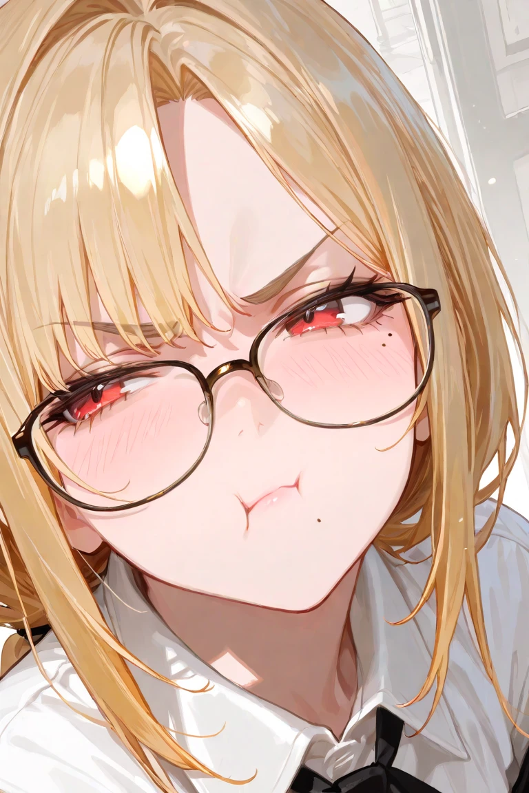 A blonde girl with bob hair and red glasses、She is licking a man's anus with her tongue out and heart-shaped eyes