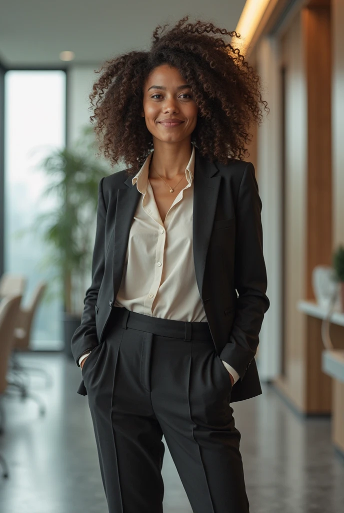 1 girl looking directly into the camera, funny, from a distance, very pretty, 23 years old, tanned, long curly hair, black hair, dark brown eyes, hairy eyebrows, lips, realistic, far away, hyper realistic, detailed skin, realistic eyes , best quality, masterpiece, ultra high resolution, (photorealistic: 1.2), 8K, raw photo, 1 girl, natural skin texture, dressed in an elegant black coat, a white top and a black skirt with stockings and high heels in an office, curvy, looking up, eyes closed, laughing, natural skin texture, dynamic pose, open legs, beautiful legs, kissing pose, open mouth, showing tongue, light freckles