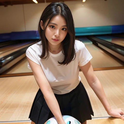Playing in bowling alley, cute, in mini skirt, alone, full body