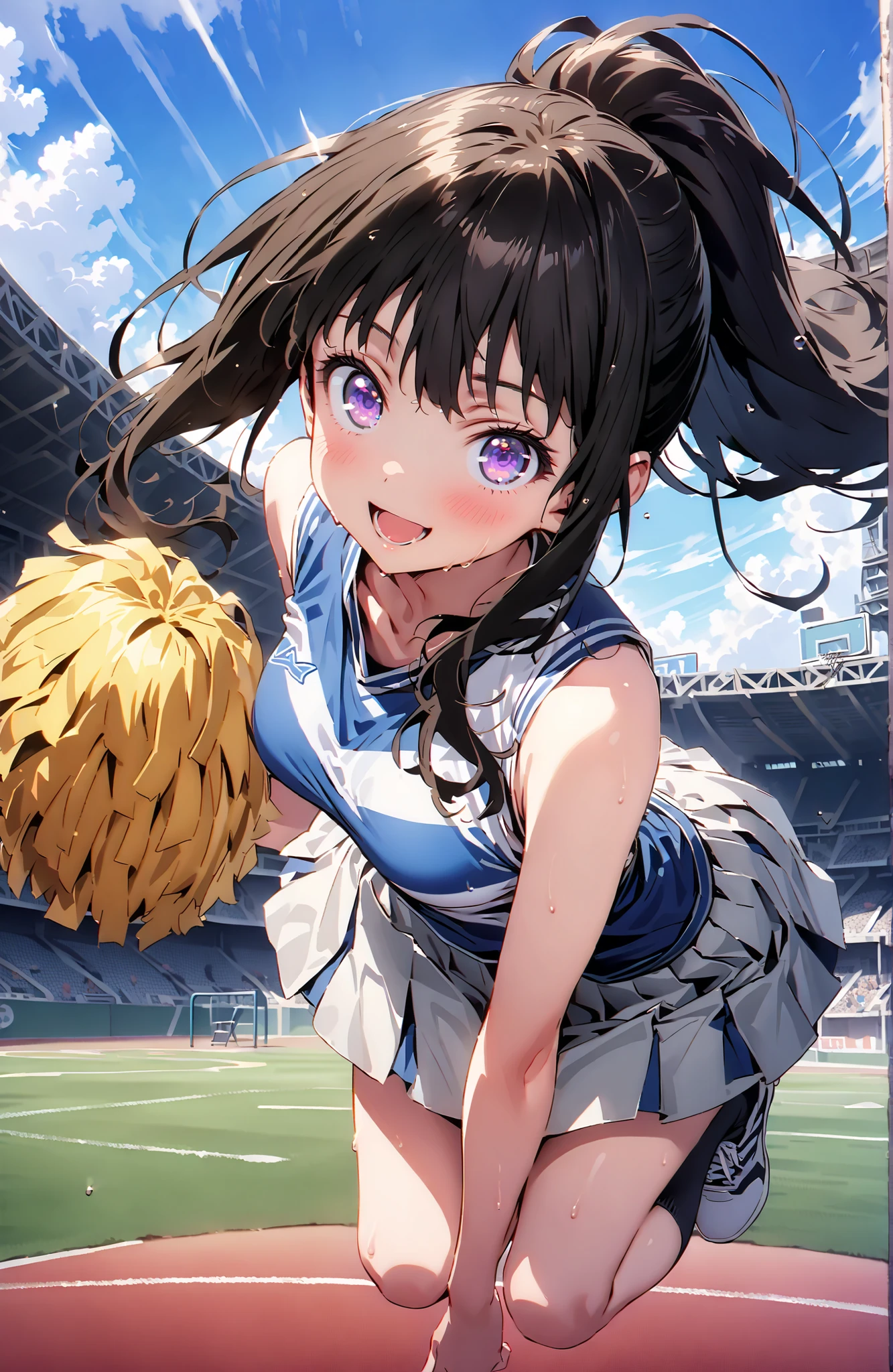 Takina inoue,side lock,ponytail,bungs, black hair, PURPLE EYES,smile,blush,open your mouth,Medium breast,(cheerleading), (full body),  on chest, (sweated), sweated Wet Clothes, (blue clothes),Sleeveless, pleated skirt,black socks,sneakers, belly button out, playground, (jump), (jump), 足を曲げてjumpする, , blue sky,  Compa, smile,cheerleader, Pom-pom \(cheerleading\) real hair ornaments,full bodyがイラストに入るように,break looking at viewer,full body,
break outdoors, stadium,
break (masterpiece:1.2), best quality, high resolution, Unity 8Kの壁紙, ( illustration :0.8), (beautiful detailed eyes:1.6), Highly Detailed Face, perfect lighting, Highly Detailed CG, (perfect hand in h, perfect anatomy),
