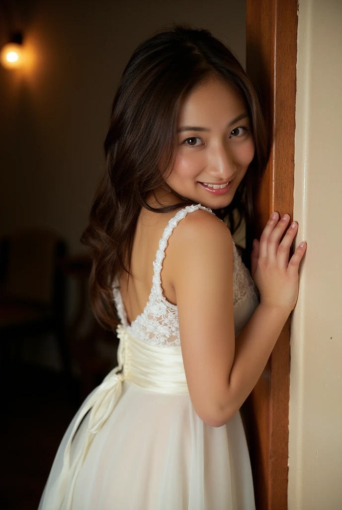 (highest quality,masterpiece:1.3,ultra high resolution,),(Super detailed,caustics),(Photoreal:1.4,RAW shooting,)ultra-realistic capture,very detailed,High resolution 16K human skin close-up。 natural skin texture、,The pores are、、、Must be detailed enough to be easily identified。 Skin should look even-toned and healthy。 Use natural light and color,1 girl,Japanese,cute,22 years ago,cry or laugh,look at the camera,Natural brown hair,half up,medium sized breasts,wedding veil,pure white wedding dress,holding a bouquet,stand upright,look at the camera,chapel,(Stained glass),Overflowing with light,(Front view),Front view,cowboy shot,natural soft light