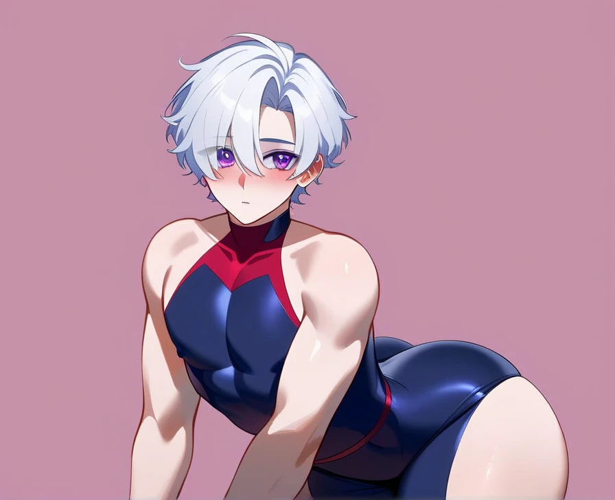 Anime style,female  Todoroki shoto,  red and white hair , smug smile , malicious  , cicatriz  no olho ,medium breasts  , hero uniform blue leotard sexy ,coxas sexy  , bedroom 