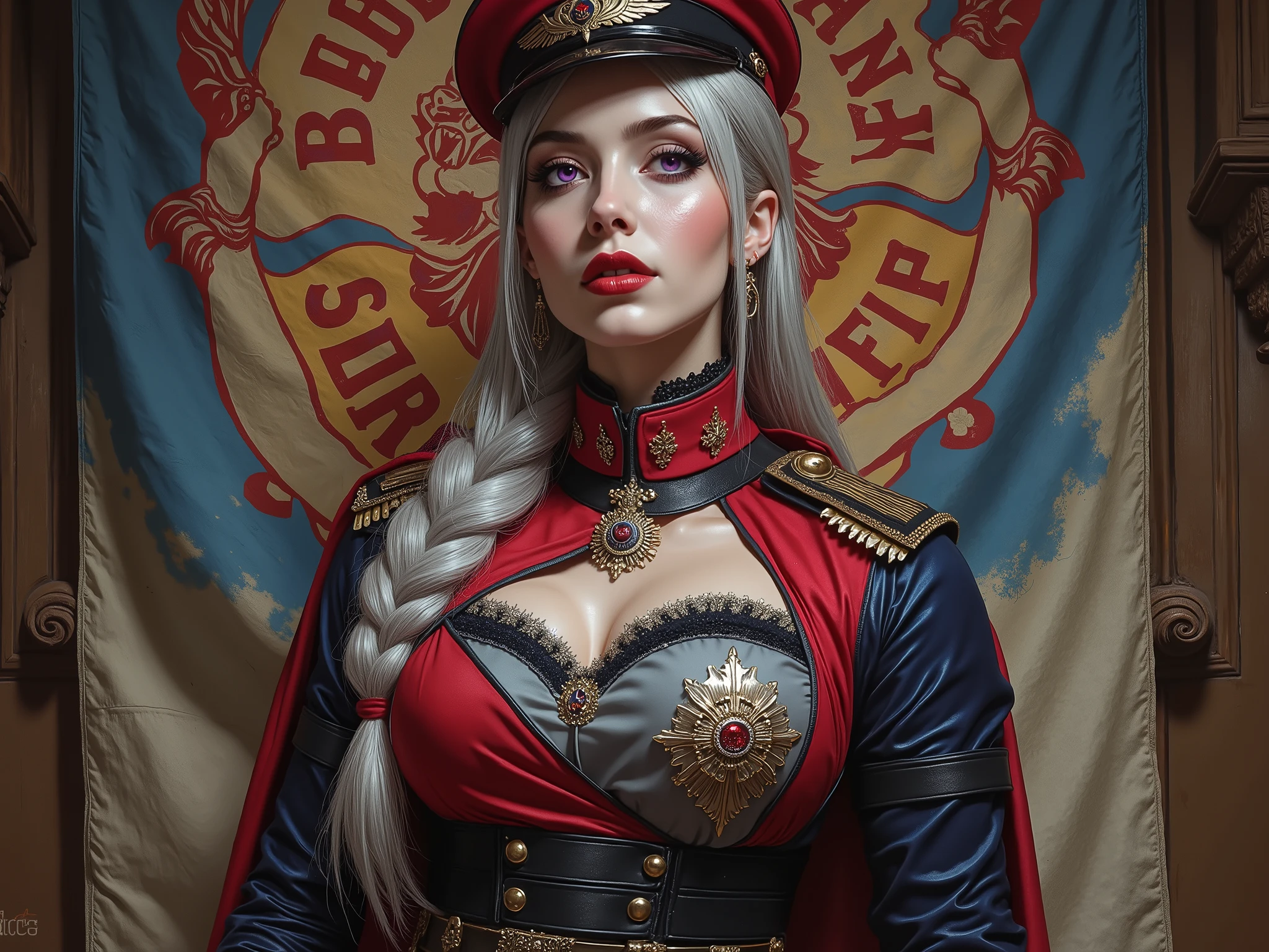 Detailed multi-colored proportions and textures with airbrushed brushstrokes presenting a semi-realistic illustration A beautiful and strong young woman wearing an military uniform style epic fantasy, gothic armor where grayish black tones predominate, mixed with vivid colors (full body, with a confident and bold posture, playful gaze, bright purple eyes, defined eyebrows, long eyelashes, perfect face, full lips, huge round breasts, flat stomach, wide hips, slim waist, thick thighs), Her long straight silver hair is tied in a (long) braid falling down her back. Her uniform consists of a red, gray and white shirt beautifully decorated with military orders, decorations and medals, a tight high-waisted knee-length pencil skirt and an officer's beret decorated with a military police badge.In the background, a cloth military banner with bold red letters reading "BLOOD AND FIRE" and an image, in the style of the Targaryen noble house emblems, of a three-headed dragon with its wings spread. The composition, halfway between vintage and Romanesque Gothic, of the overall image is a clean, crisp, and high-quality masterpiece. very balanced saturation across very defined color palettes (Color with intense monochromatic shaded tones and brightness, red hue 25% + yellow 25% + blue 25% + biofluorescent 12.5% + transparencies 12.5%. Aesthetic fusion by (Fibonacci ratio. A realistic doll of a young Daenerys Targaryen. of a young military woman (Includes a variety of pink skin and dark beige tones that give it contrast and brightness) type of character. Fluid texture that gives the sensation of movement to the leafy style that molds to the figure (her clothing with relief and folds gives volume and depth to the character). Haute couture photoshoot (high quality full body). Highly detailed and sharp soft focus, approaching perfection, Full HD 8K. High and low angles. by Coco Chanel, Gianni Versace, Alberto Vargas, Greg Rutkowsk fusion of artistic styles.