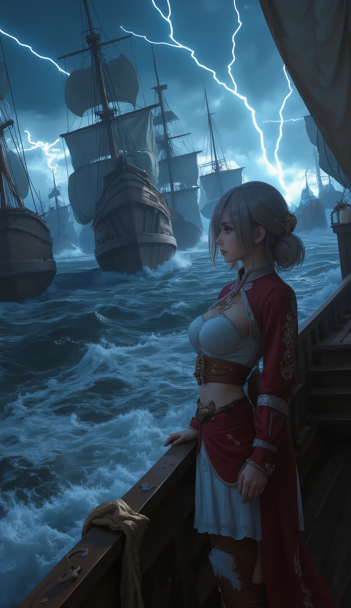 (Highest quality, High resolution, Masterpiece:1.4), 8k, adventure voyage, pirates of the Caribbean, female captain, fleet of pirates sailing through a storm