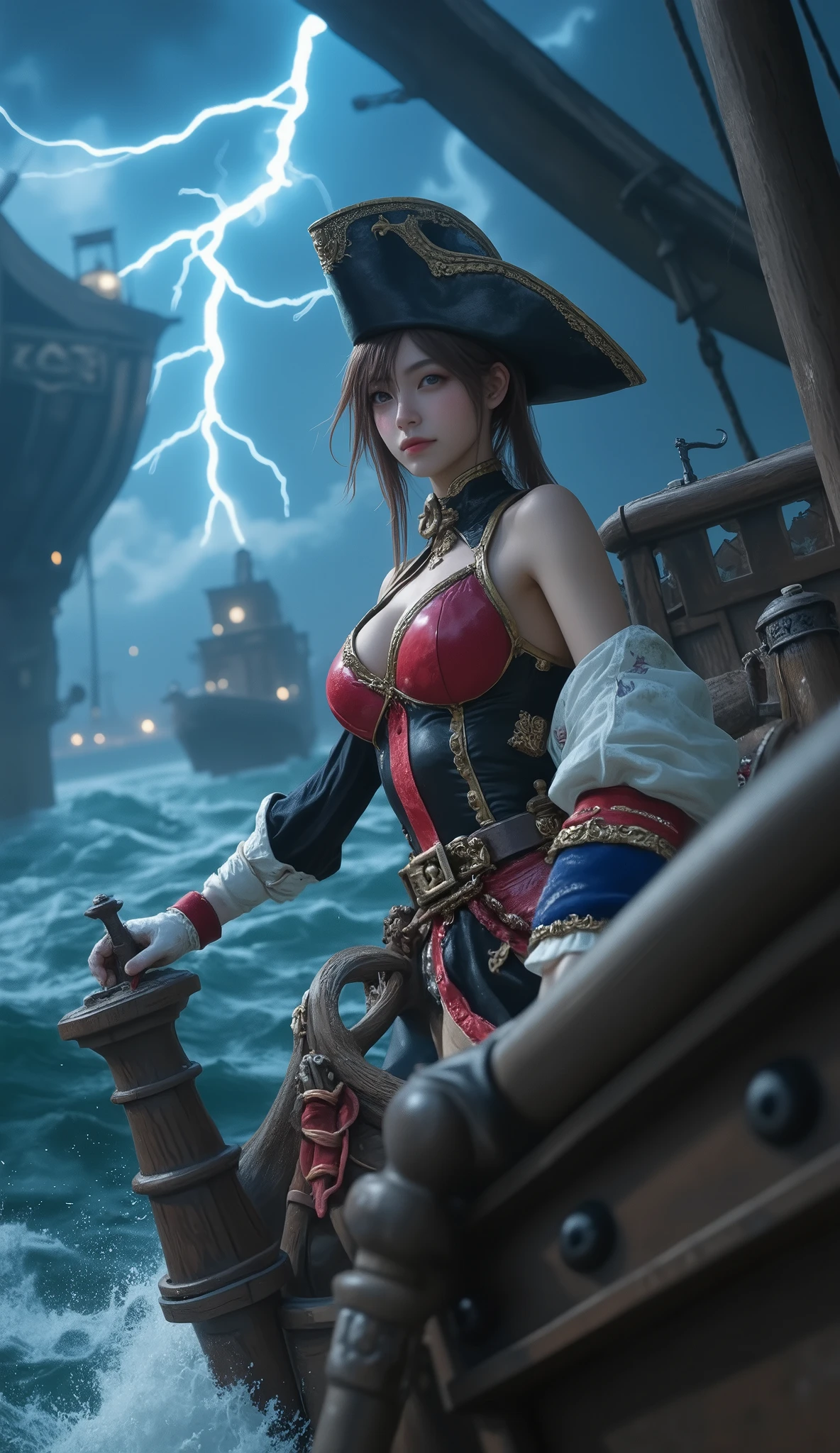 (Highest quality, High resolution, Masterpiece:1.4), 8k, adventure voyage, pirates of the Caribbean, female captain, fleet of pirates sailing through a storm