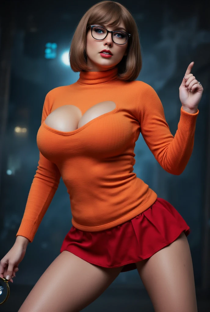Techwear fashion in the style of artgerm, Cyberpunk Style, 1woman, Velma, red lingerie, female focus,neon sunglases, city,cyberpunk background, robot, science fiction, solo, full body, wires and cables, . Futuristic, cyberpunk, urban, tactical, sleek, dark, highly detailed ,profesion shot,best style of pose,the best and fabulos for a female pose