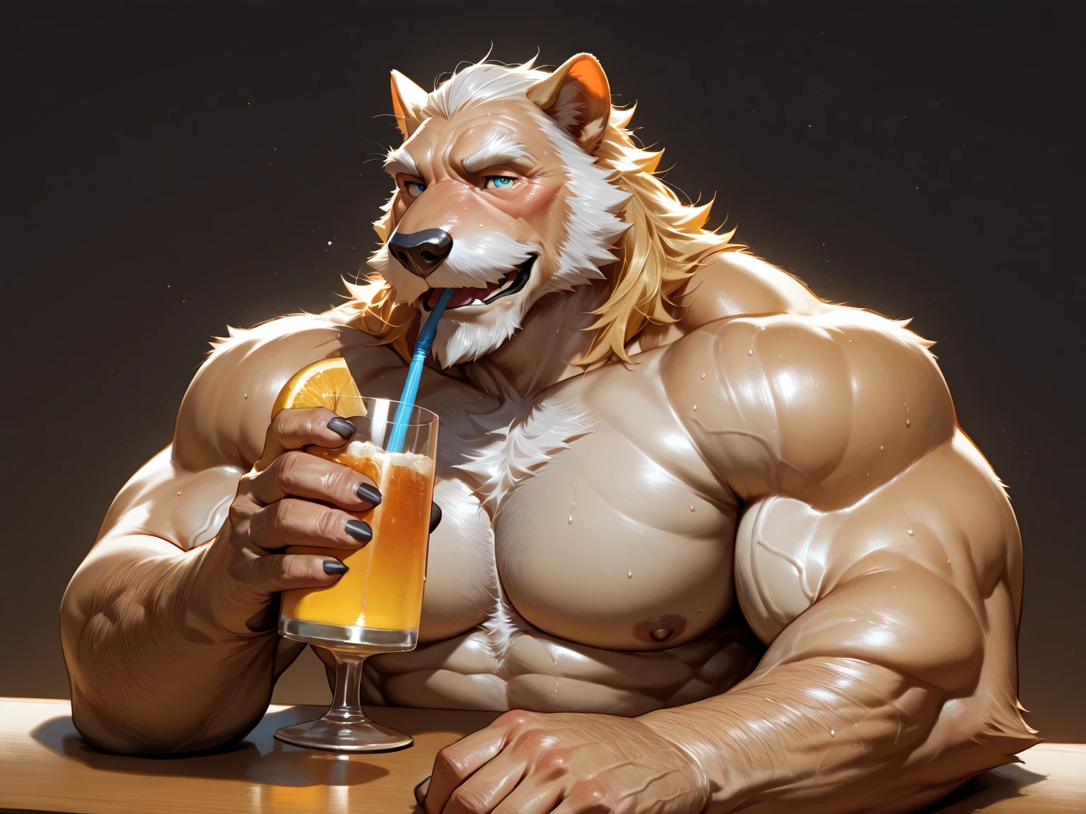 Sunset, beautiful, vibrant colors, beer, club, ((detailed bar)), indoors, masterpiece, best quality, ultra detailed, 8k, digital painting \(artwork\), POV, close-up, ultra detailed, sharp, focus, Duo, two males, male on male, male, anthro, Orange Fox, furry, standing, slightly opened mouth, canine teeth, leaning against bar, wearing sunglasses, flirting, offering drink, hand on bulge, drunk, smirk, smug, facing viewer (muscular:2.0), musclegut muscular arms, attractive, sexy, hairy, hot, daddy, dilf detailed fur, orange and white fur, detailed hands, detailed eyes, detailed face, abs, six pack, pecs, topless, open pants, undone belt, denim jeans, ripped, bulge, detailed crotch
