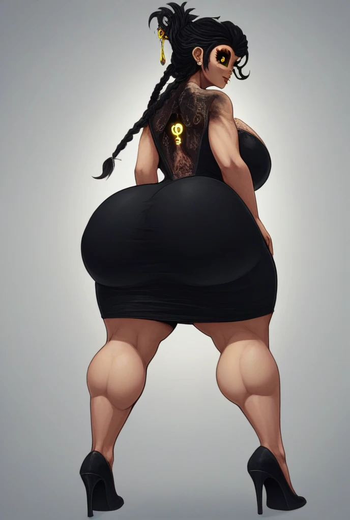 Afro punk chubby girl with long freeform braided hairstyle, plump thighs and a big soft butt, (wearing a diamond choker necklace), (Cannabis flower tattoos on arms and legs.), chubby legs, naked, showing everything