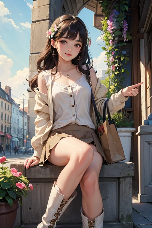 Anime Girl,15 years old,Lovely,Coffee Shop,outdoor,Off-shoulder,sweater,Protruding clavicles,Thin waist,Bare legs,Ankle boots,Thin legs,skinny,whole body