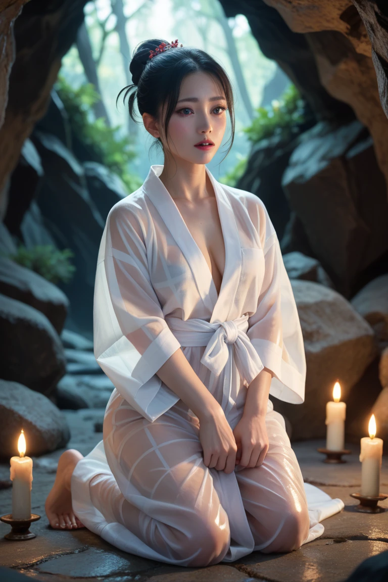 A divine Asian spirit, Malaysian woman, age 25, ankle length hair, white billowing silken robes with platinum trim, glowing eyes, and a holy aura, floats above a magic circle in a medieval European village. (best quality, 4k, highres, masterpiece:1.2), ultra-detailed, (realistic, photorealistic, photo-realistic:1.37), HDR, UHD, studio lighting, ultra-fine painting, sharp focus, physically-based rendering, extreme detail description, professional, vivid colors, bokeh, portraits, landscape, horror, anime, sci-fi, photography, concept artists, vibrant colors, soft lighting.