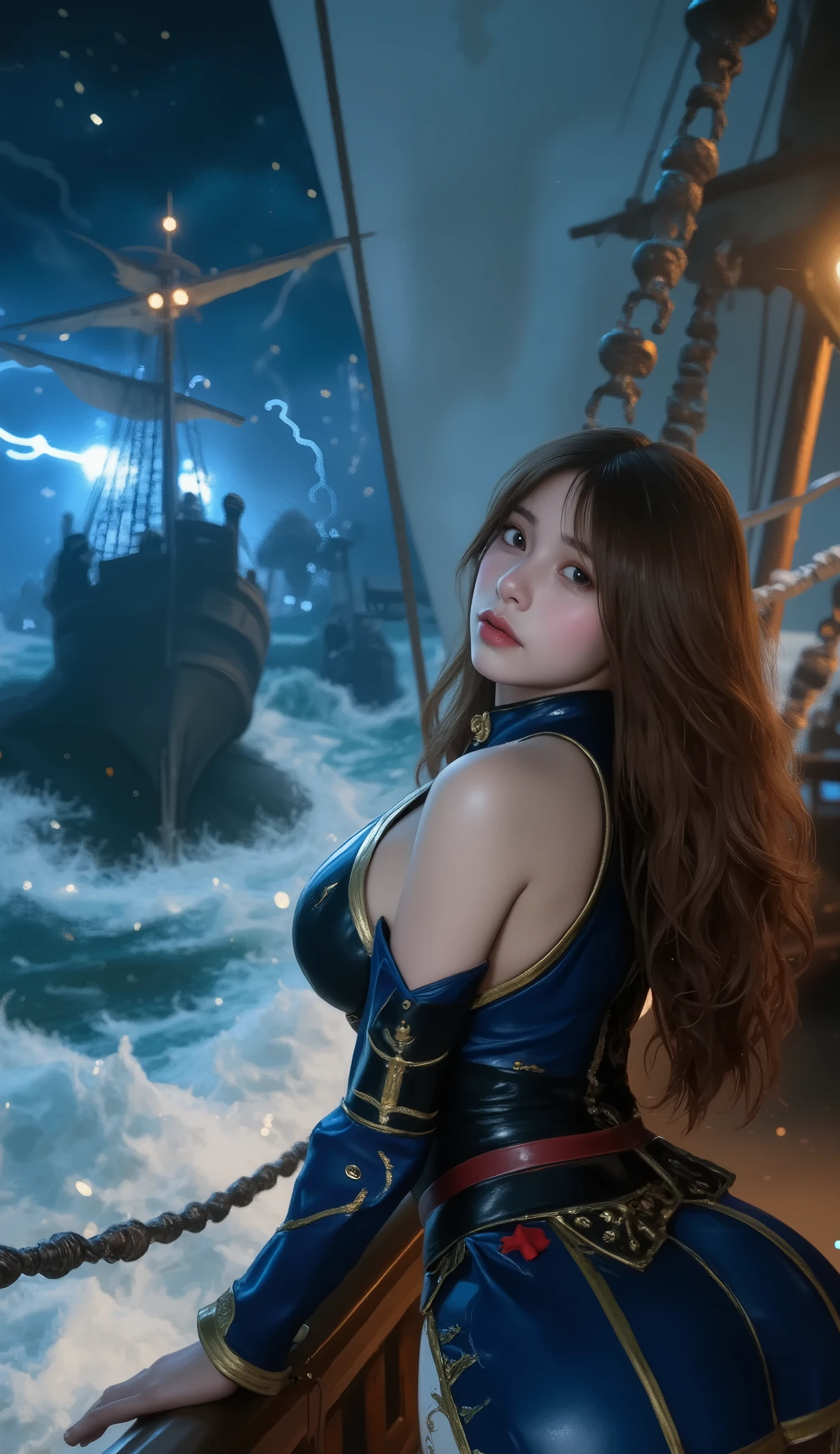 Official Art, Unity 8k wallpaper, ultra detail, masterpiece, best quality, one woman, (very detailed),(RAW photo, best quality), (realistic, photorealistic:1.3), high definition, open mouth wide, ultra-detailed complex 3D rendering of face, (big breasts: 8.8), (highly detailed skin: 1.2), (exposure: 1.1), Beautiful Caucasian woman with white skin with full soft breasts with big ass (topless), breasts, black hair, blue eyes, long hair, (translucent pink tank top), dynamic angle, mystical expression, fire glow effect, fantasy background, rim lighting, side light, cinematic light, ultra high definition, 8k, film grain,best shadow, light particles, detailed skin texture, Detailed jewel armor texture, detailed face, intricate detail, super detailed, bright, strong, silver armor, cleavage, slender abs, has glowing weapons, has a shield, pole dron, (beautiful huge crown with detail)), shining eyes, long purple cloak, fantasy, (realistic),