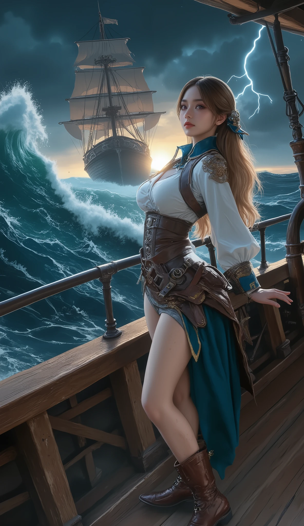 1girl, ((slim)) tall pirate sexywoman, thin waist, 18 years old, ((ornate ((steel)) breastplate armor)), average breasts. (((cleavage))), ((((very long blue skirt)))) with ((((single slit)) on the side)), ((headband)), on a ship, ((gorgeous slim face)), ((Brown hairs)), ((long straight flowing hairs)), sea, detailled face, marterwork, serious eyes, intense detailled eyes