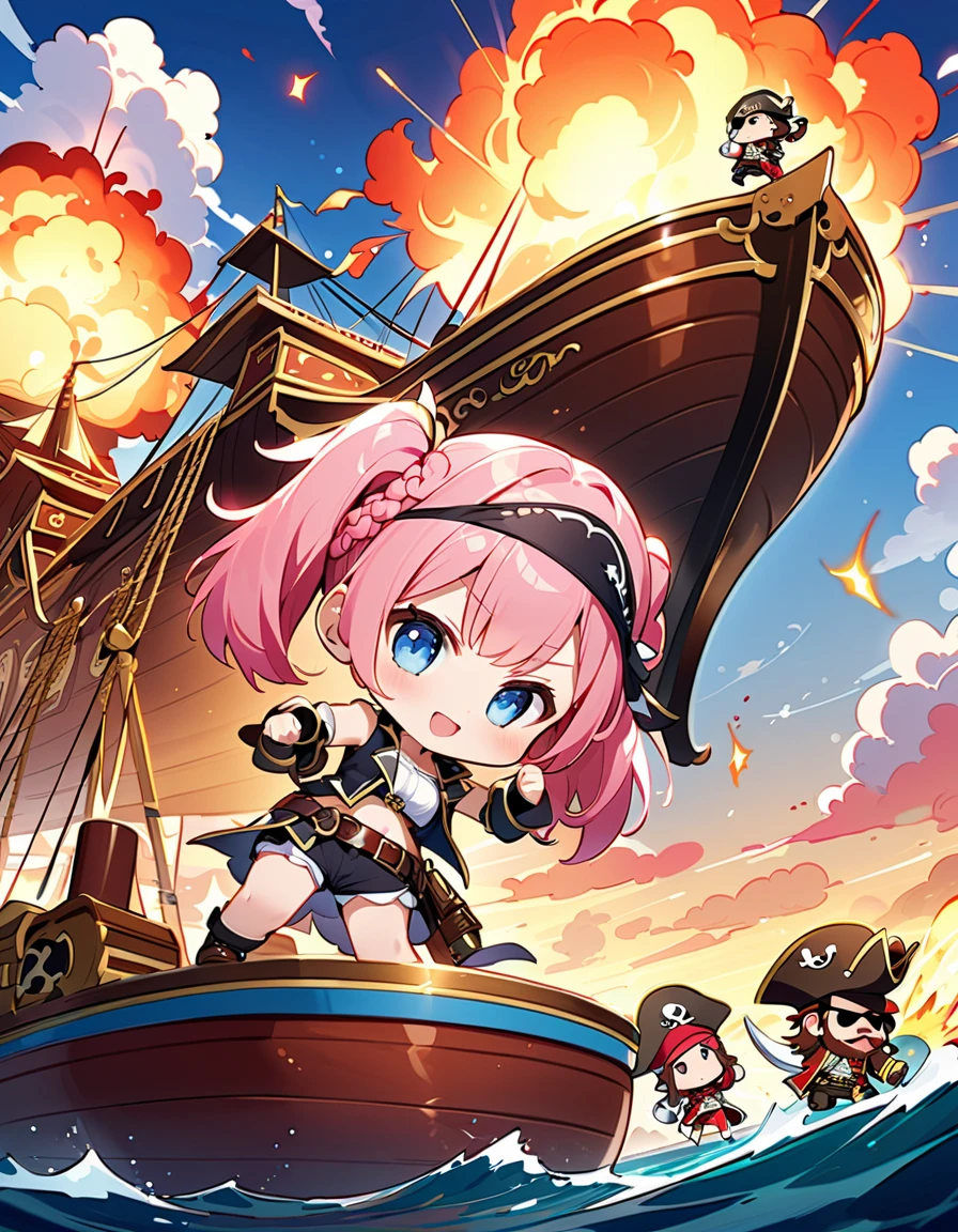 Highest quality、High resolution、Detailed Background、Beautiful face in every detail、Anatomically correct、Detailed facial expressions、fine grain、((full body, from below:1.2, side shot)), break ((One Girl:1.2)、(Chibi Girl:1.2))、Cute hair color、Big beautiful blue eyes、Fuller lips、Pink Lips、Braided twin tails、Ahoge、(pirate girl、Stand on the lookout tower of the highest mast:1.2)、(Cute sleeveless pirate outfit、Cute pirate shoes)、break ((Spread your legs、Stand with your back straight、((Stretch your arms horizontally:1.2))、A small telescope in his hand))、(Get angry、Open your mouth wide、Determined look:1.2)、break (The background is the mast of a pirate ship、Rough seas、Clouds before the storm)