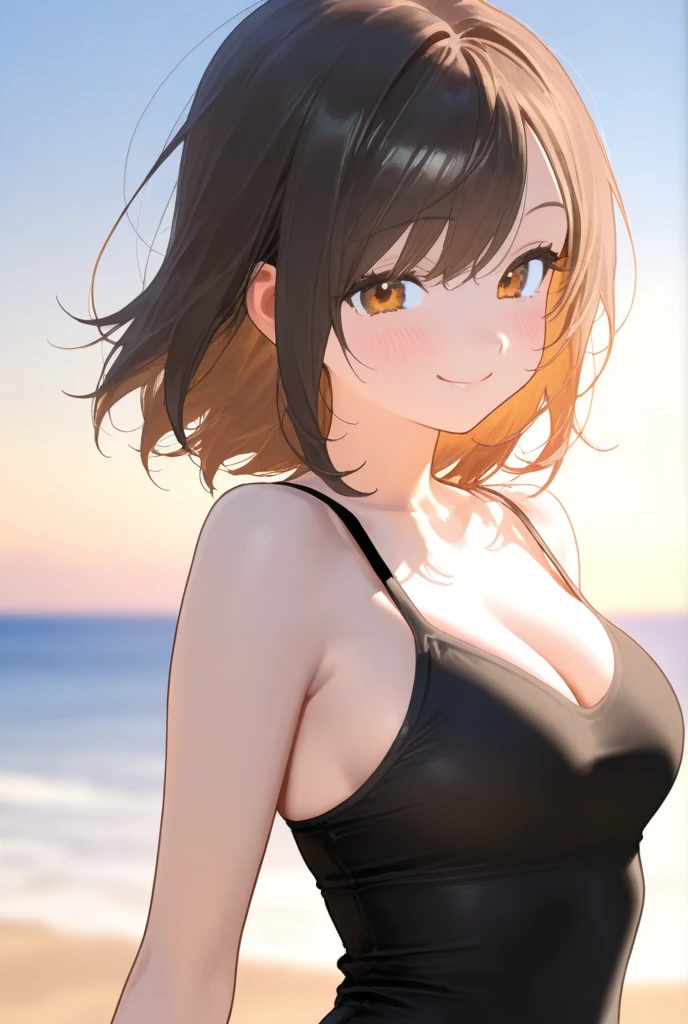 Highest quality、Big Breasts、Black Bikini、White T-shirt、The clothes are see-through、Your clothes are wet、Dog ears、Brown eyes、short hair、smile、Ocean