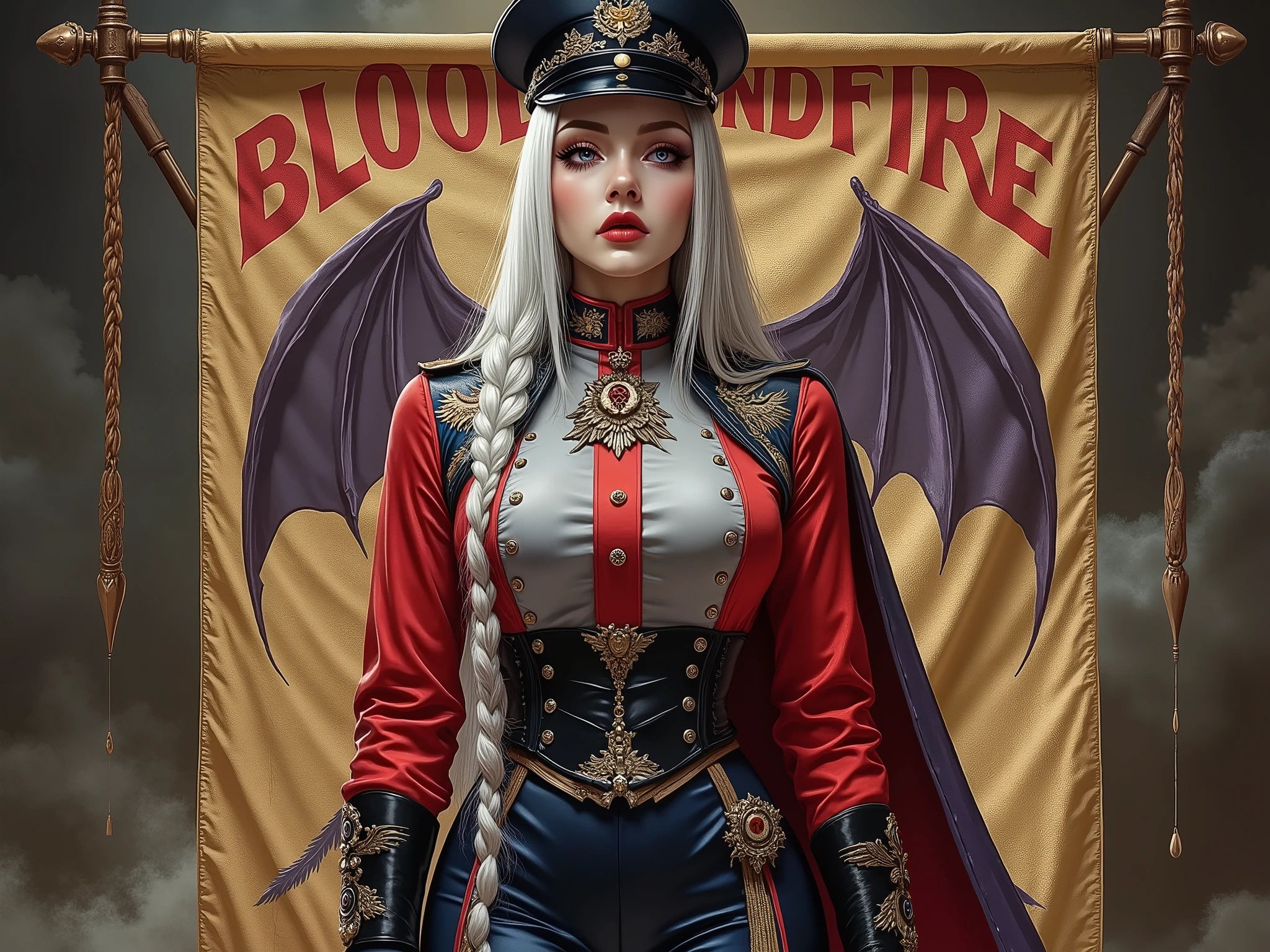 Detailed multi-colored proportions and textures with airbrushed brushstrokes presenting a semi-realistic illustration A beautiful and strong young woman wearing an military uniform style epic fantasy, gothic armor where grayish black tones predominate, mixed with vivid colors (full body, with a confident and bold posture, playful gaze, bright golden purple eyes, defined eyebrows, long eyelashes, perfect face, full lips, huge round breasts, flat stomach, wide hips, slim waist, thick thighs), Her long straight silver hair is tied in a (long) braid falling down her back. Her uniform consists of a red, gray and white shirt beautifully decorated with military orders, decorations and medals, a tight high-waisted knee-length pencil skirt and an officer's beret decorated with a military police badge.In the background, a cloth military banner with bold red letters reading "BLOOD AND FIRE" and an image, in the style of the Targaryen noble house emblems, of a three-headed dragon with its wings spread. The composition, halfway between vintage and Romanesque Gothic, of the overall image is a clean, crisp, and high-quality masterpiece. very balanced saturation across very defined color palettes (Color with intense monochromatic shaded tones and brightness, red hue 25% + yellow 25% + blue 25% + biofluorescent 12.5% + transparencies 12.5%. Aesthetic fusion by (Fibonacci ratio. A realistic doll of a young military woman. of a young military woman (Includes a variety of pink skin and dark beige tones that give it contrast and brightness) type of character. Fluid texture that gives the sensation of movement to the leafy style that molds to the figure (her clothing with relief and folds gives volume and depth to the character). Haute couture photoshoot (high quality full body). Highly detailed and sharp soft focus, approaching perfection, Full HD 8K. High and low angles. by Coco Chanel, Gianni Versace, Alberto Vargas, Greg Rutkowsk fusion of artistic styles.