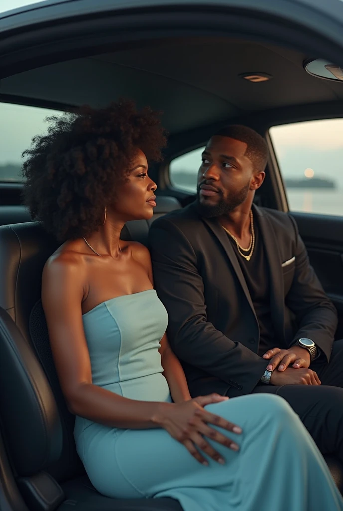 In the foreground a young black woman is unconscious in the arms of a very handsome young white man late at night, Black Woman Fainting and Injured, homme blanc fort, grand et robuste, homme aux cheveux noirs, realistic image, In the background a magnificent luxury car screwed up