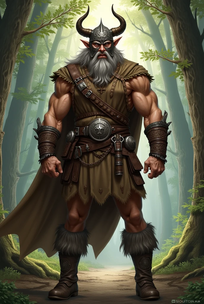 bellow shot of a intimidating male firbolg barbarian who uses a huge tribal totem for weapon, firbolg, D&D style, half giant, long green cape, clothes in shades of green, long clothes with sleeves, grey eyes, clothes covering the abdomen, druid clothes