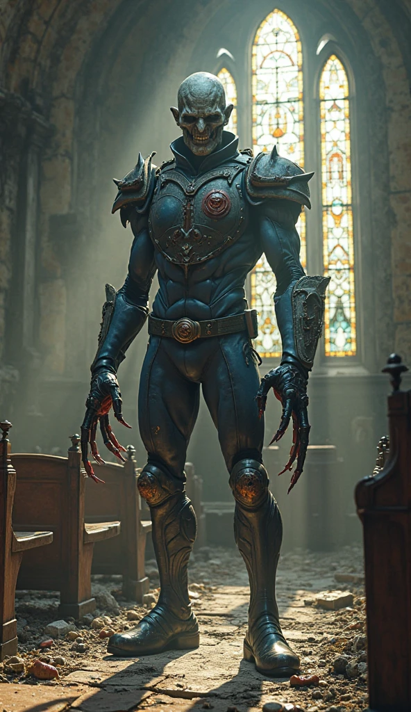 whole body (portraite:0.7) Photograph of (undead zombie:1.1) (zombified:1.2) (armored:0.7) super man, (apodrecendo:1.1), (putrid:1.1), (deteriorated:1.1), (dehydrated:1.1), (mummified:1.1), cinematic lighting, perfect composition, chic, no crop, 4K, sharp focus, work of art, contra-luz, cinematic, cyber punk, photorrealistic, Blade runner, Action, moody lighting