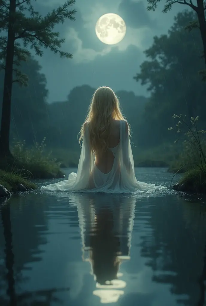 Blonde angel masturbating in the forest lake at night in rainy day