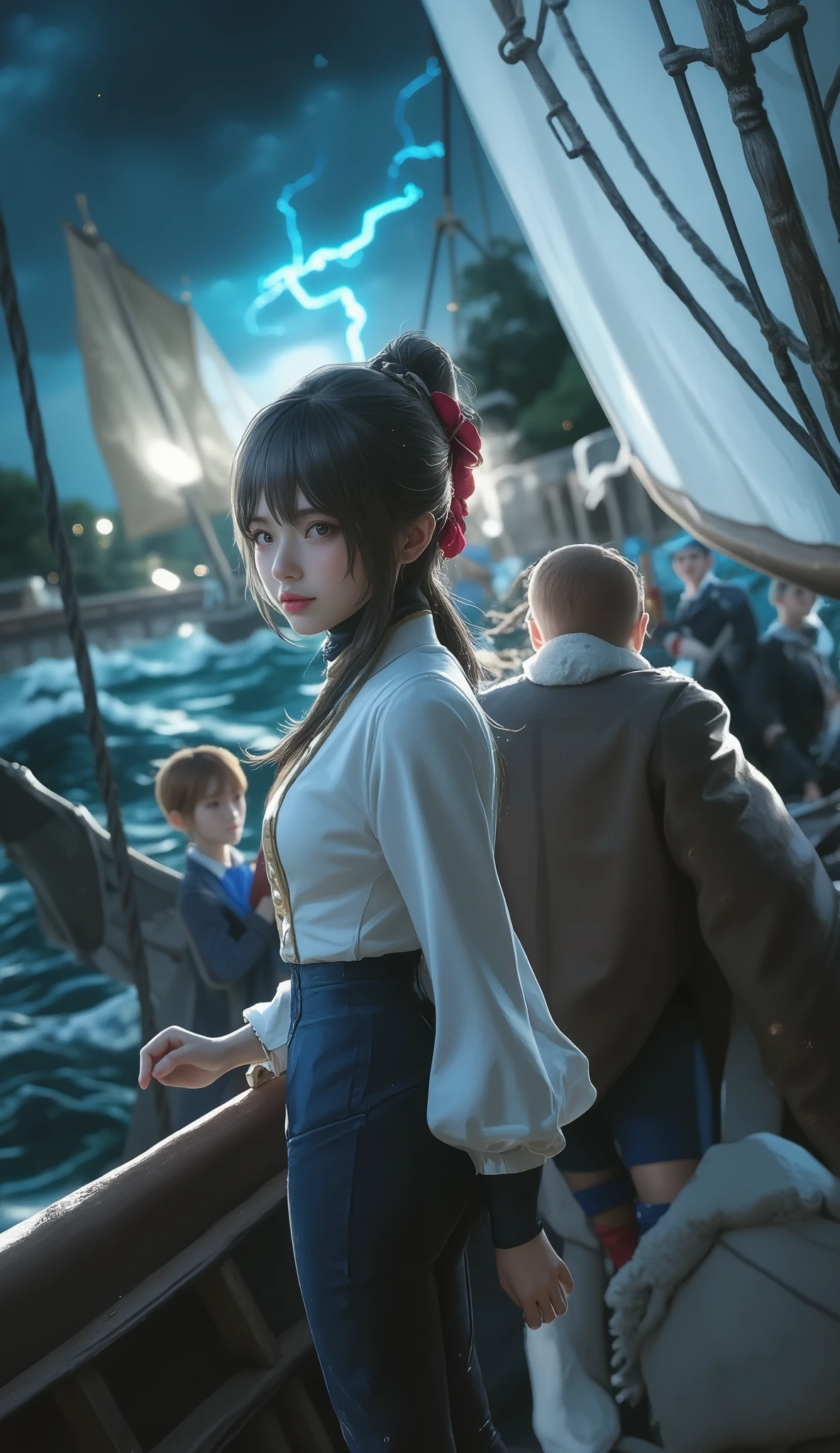 (Highest quality, High resolution, Masterpiece:1.4), 8k, adventure voyage, pirates of the Caribbean, female captain, fleet of pirates sailing through a storm
