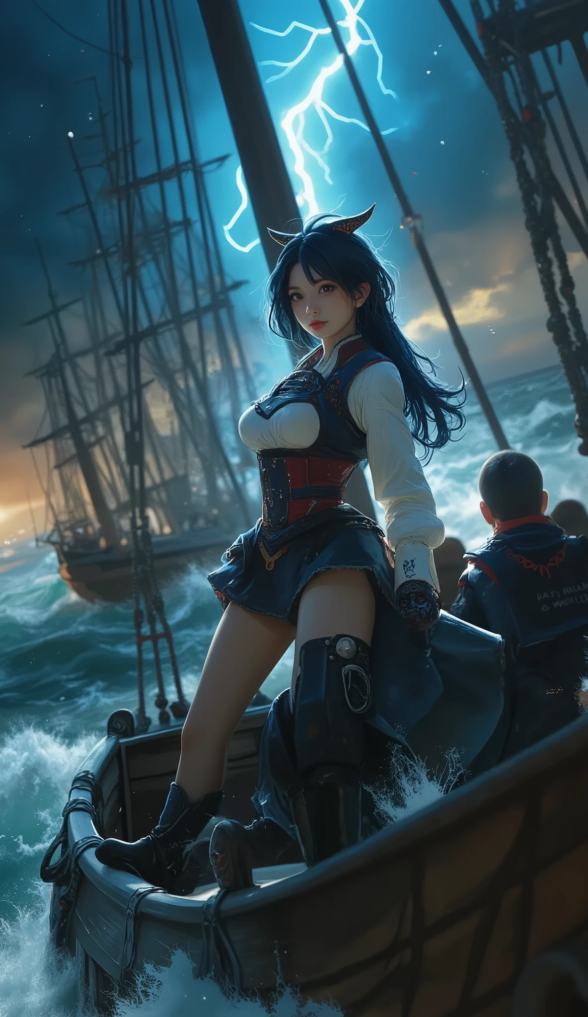 (Highest quality, High resolution, Masterpiece:1.4), 8k, adventure voyage, pirates of the Caribbean, female captain, fleet of pirates sailing through a storm